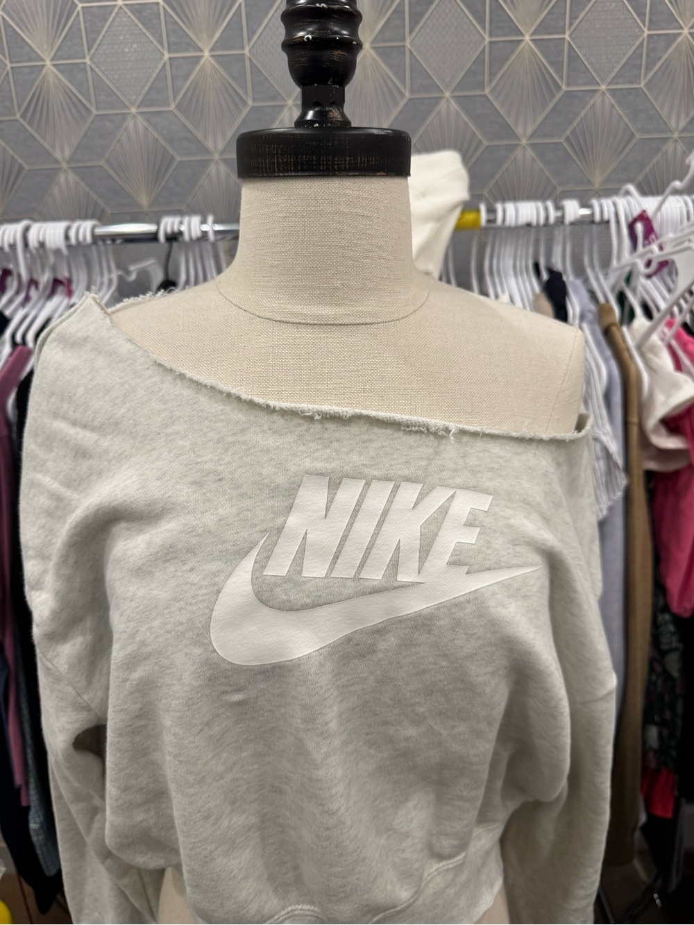 Nike Off-Shoulder Cropped Sweatshirt in Light Gray and White Logo
